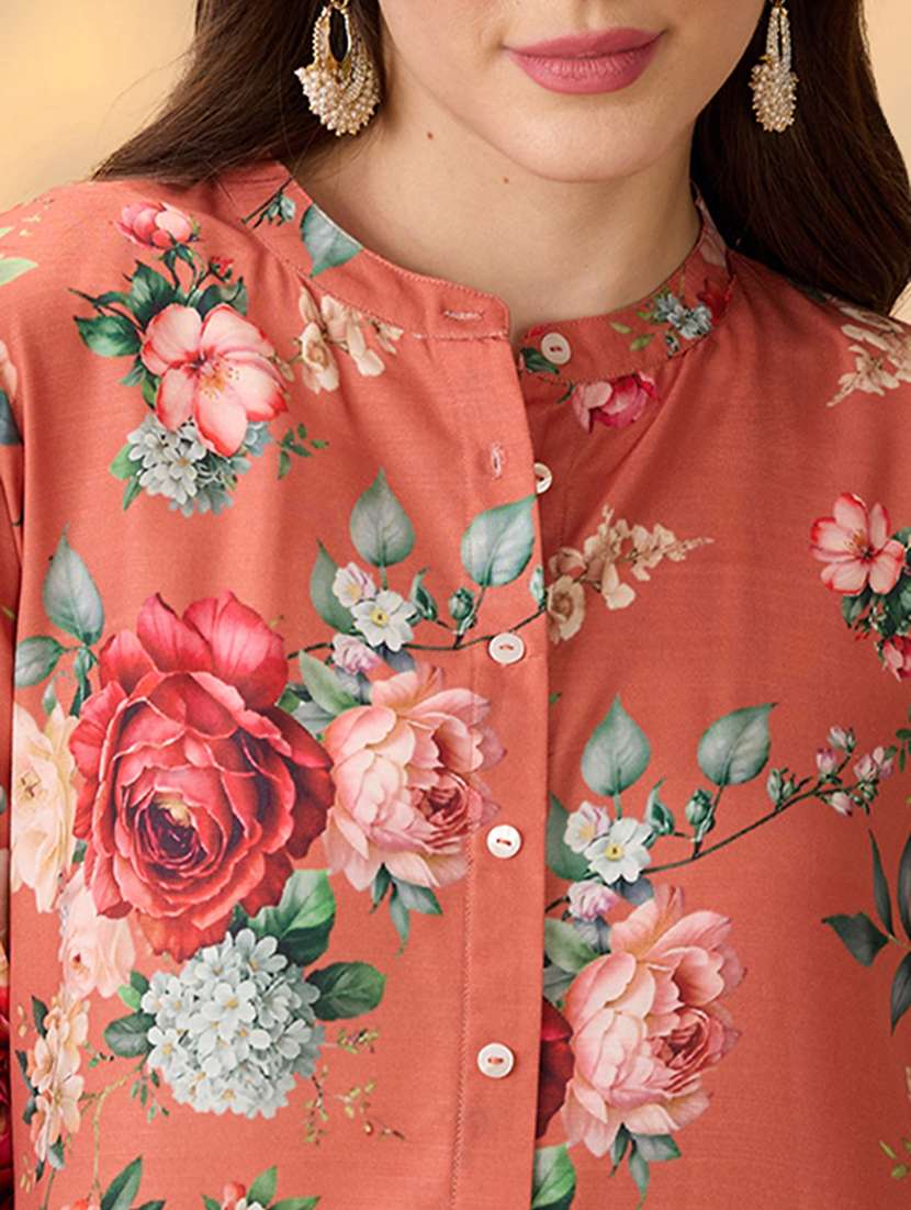 globus women orange mandarin collar embroidered hem sleeves floral print button down a-line festive kurta - 21997967 - Standard Image - 4
