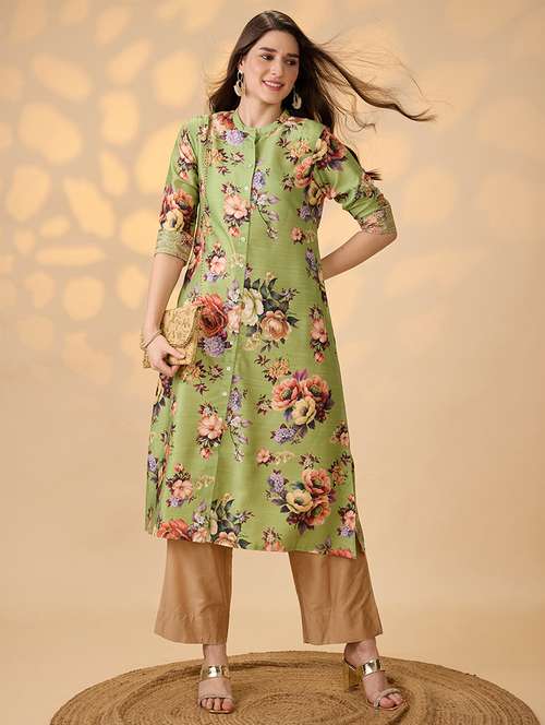 globus women green mandarin collar embroidered hem sleeves floral print button down a-line festive kurta - 21997968 -  Standard Image - 0