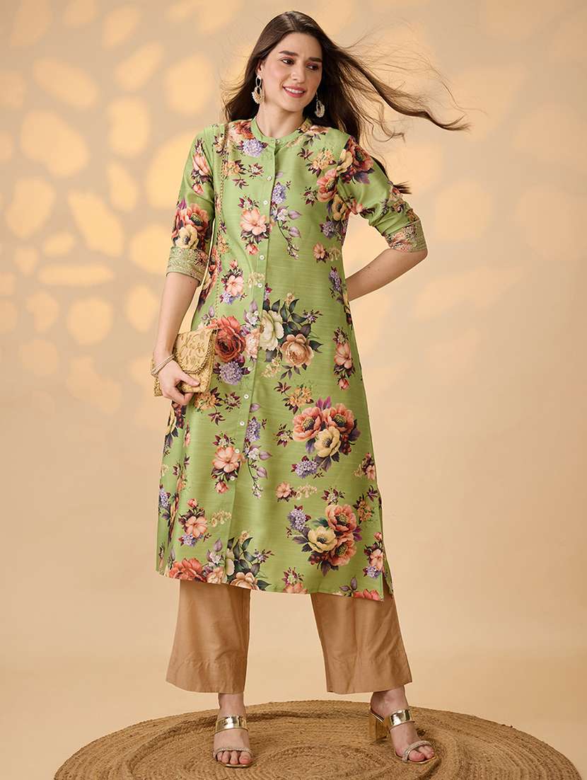 globus women green mandarin collar embroidered hem sleeves floral print button down a-line festive kurta