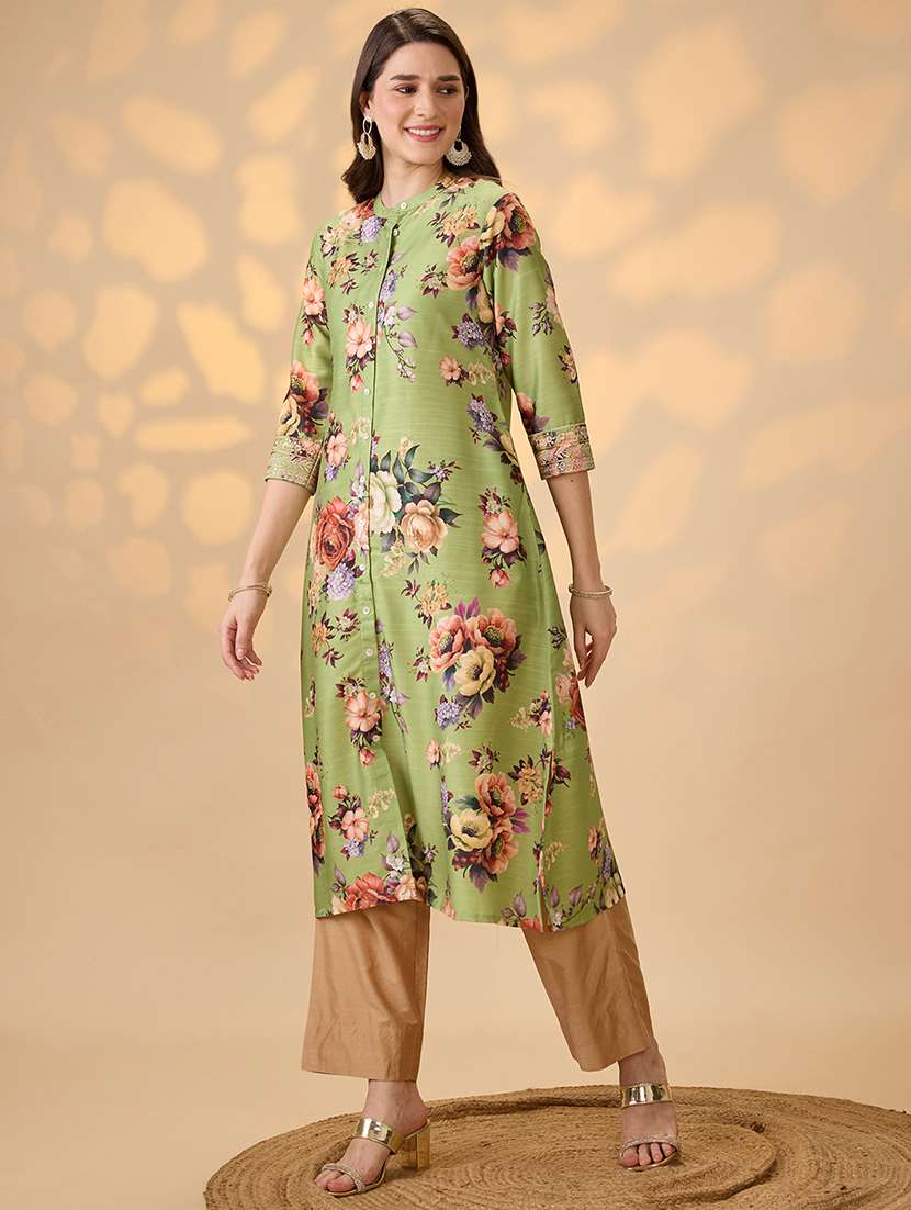 globus women green mandarin collar embroidered hem sleeves floral print button down a-line festive kurta - 21997968 -  Standard Image - 1