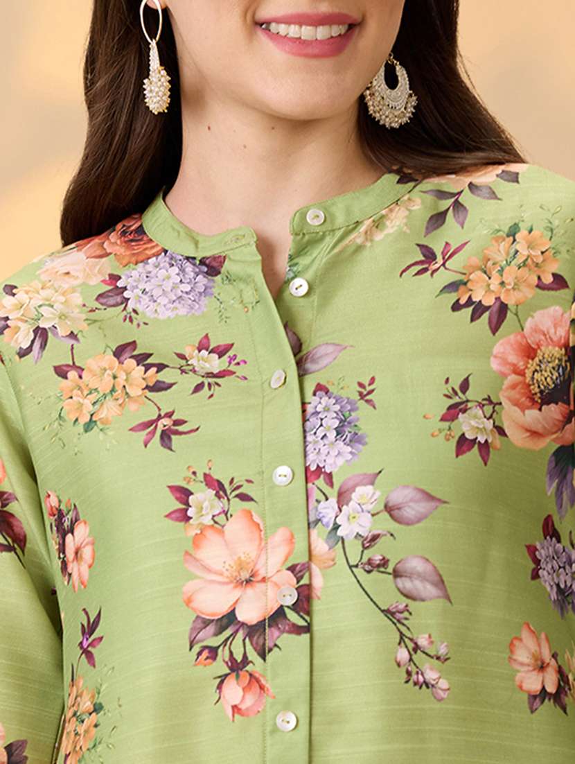 globus women green mandarin collar embroidered hem sleeves floral print button down a-line festive kurta - 21997968 - Standard Image - 4