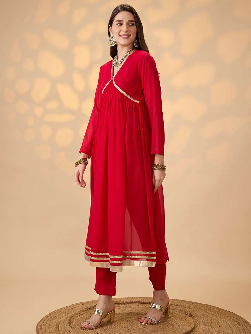 globus women red v-neck gathered gotta patti detail flared a-line alia cut kurta with pants festive set - 21997975 -  Standard Image - 1