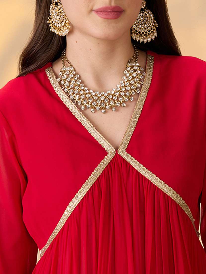 globus women red v-neck gathered gotta patti detail flared a-line alia cut kurta with pants festive set - 21997975 -  Standard Image - 4