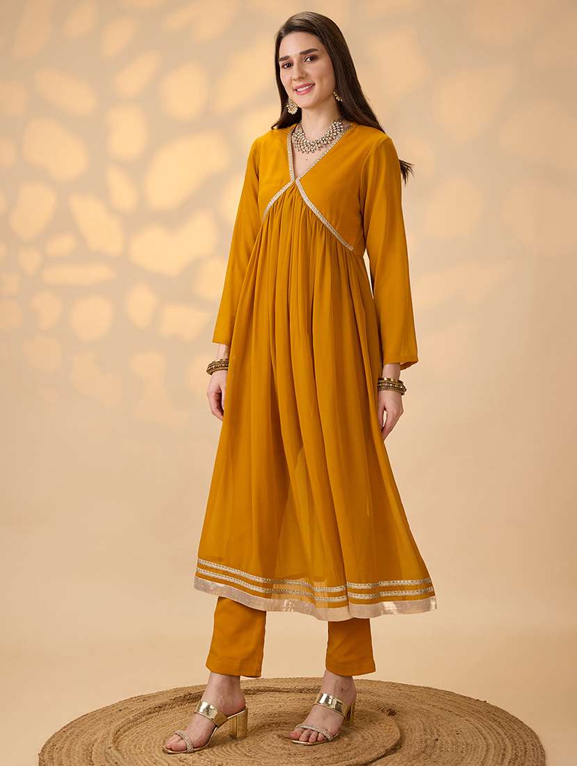 globus women mustard v-neck gathered gotta patti detail flared a-line alia cut kurta with pants festive set - 21997976 -  Standard Image - 1