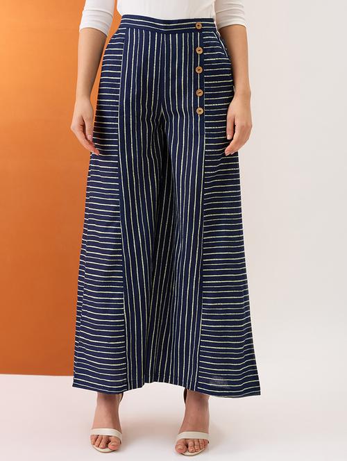 globus women indigo variegated stripes button detail mid-rise flared fusion palazzos - 21997980 -  Standard Image - 0