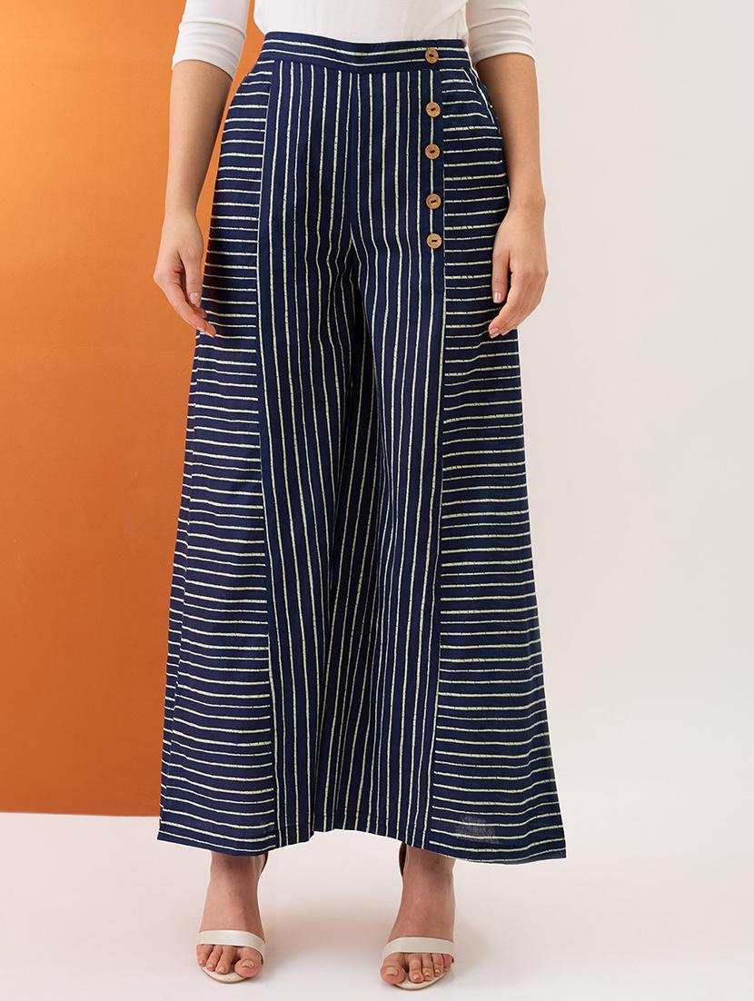 globus women indigo variegated stripes button detail mid-rise flared fusion palazzos - 21997980 -  Zoom Image - 0