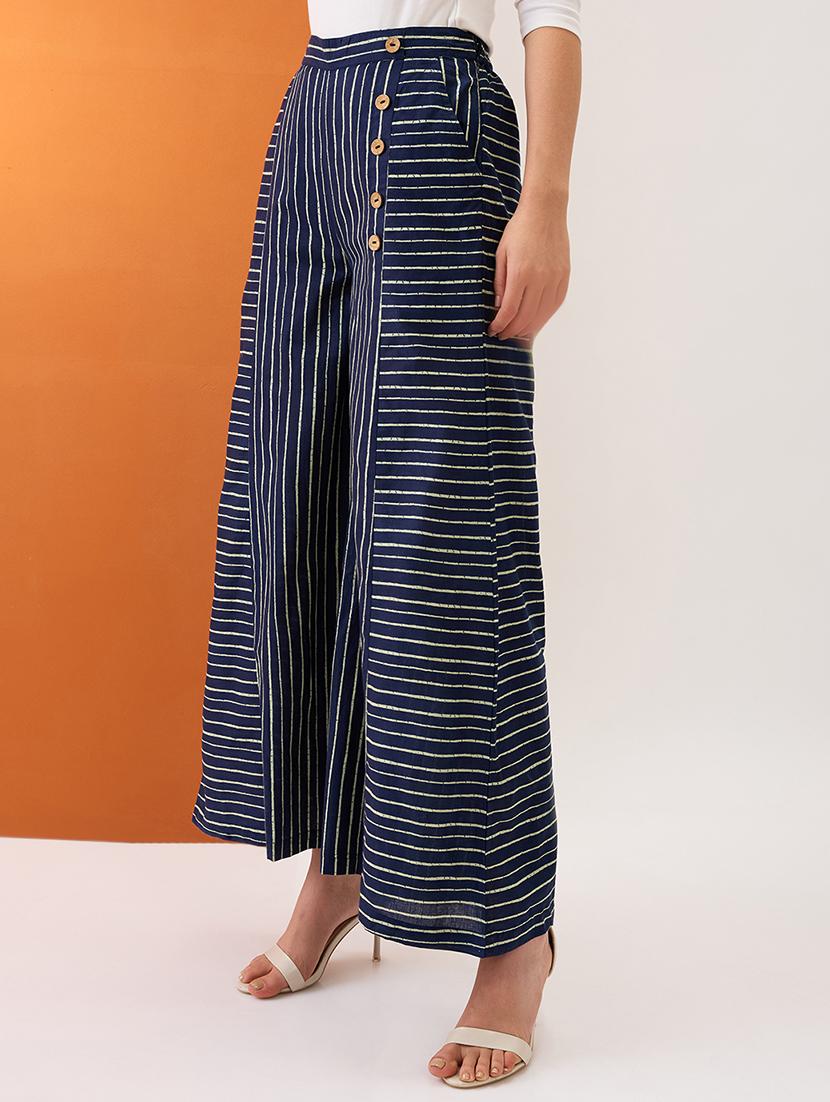globus women indigo variegated stripes button detail mid-rise flared fusion palazzos - 21997980 -  Standard Image - 1