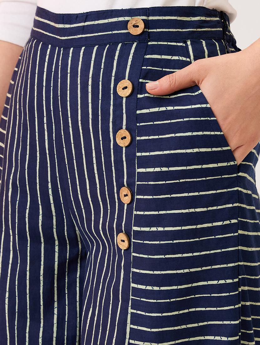 globus women indigo variegated stripes button detail mid-rise flared fusion palazzos - 21997980 - Standard Image - 4