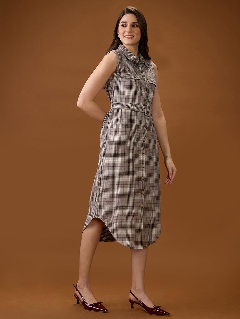 globus women brown collared neck sleeveless checkered curved hem midi shirt style dress with belt - 21997981 - Standard Image - 1