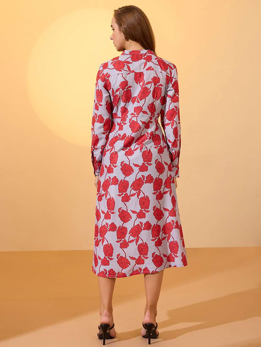 globus women red floral printed collared neck cuffed sleeves waist tie-ups midi shirt style dress - 21997985 -  Standard Image - 1