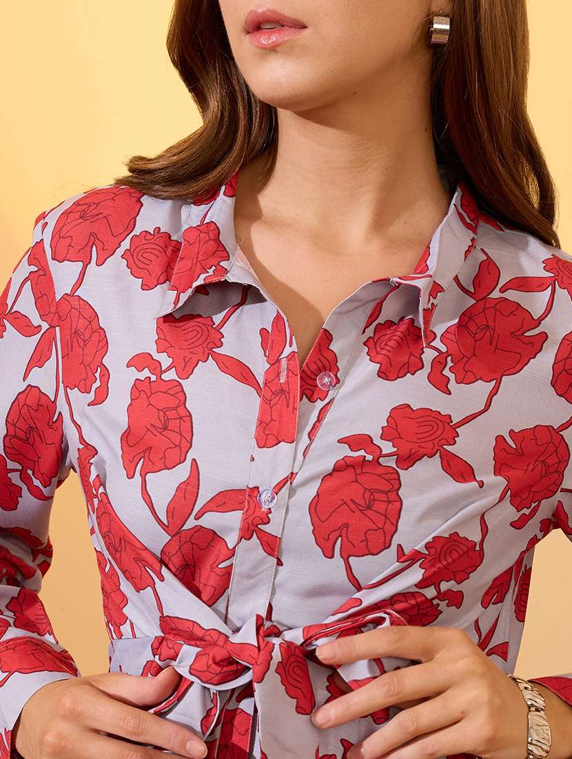 globus women red floral printed collared neck cuffed sleeves waist tie-ups midi shirt style dress - 21997985 -  Standard Image - 4