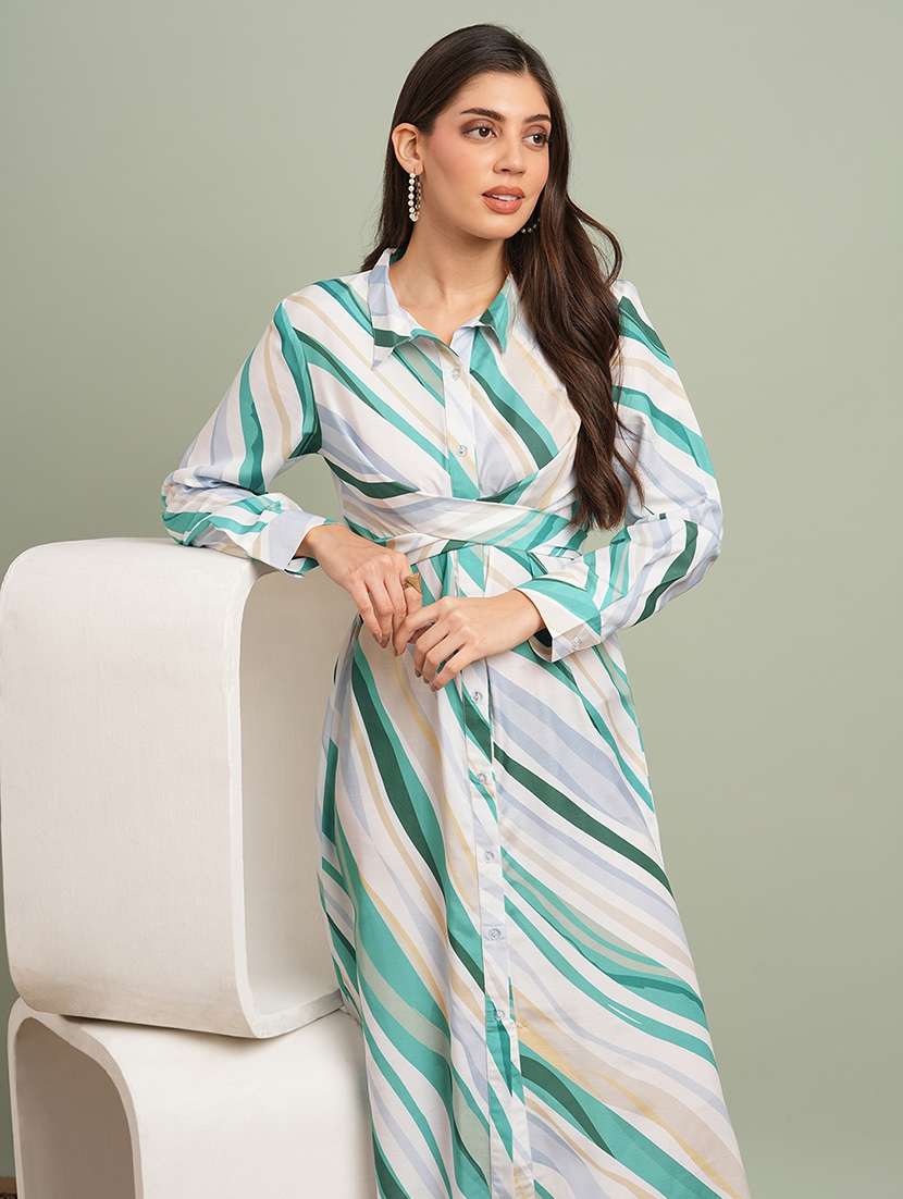 globus women green collared neck cuffed sleeves abstract print criss cross tie-up detail midi shirt dress - 21997986 -  Standard Image - 1