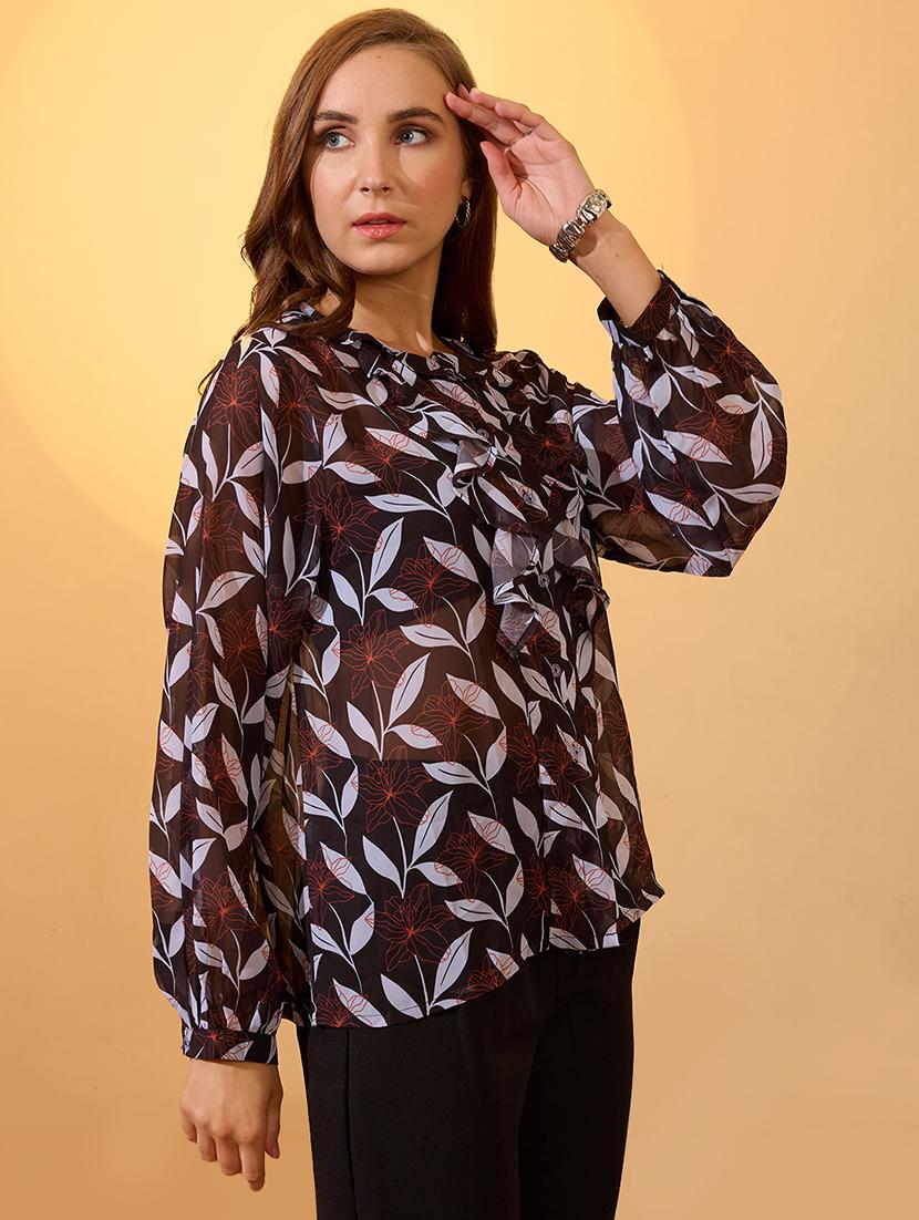 globus women black mandarin collar long sleeves floral print ruffles detail georgette shirt style top - 21997989 - Standard Image - 1