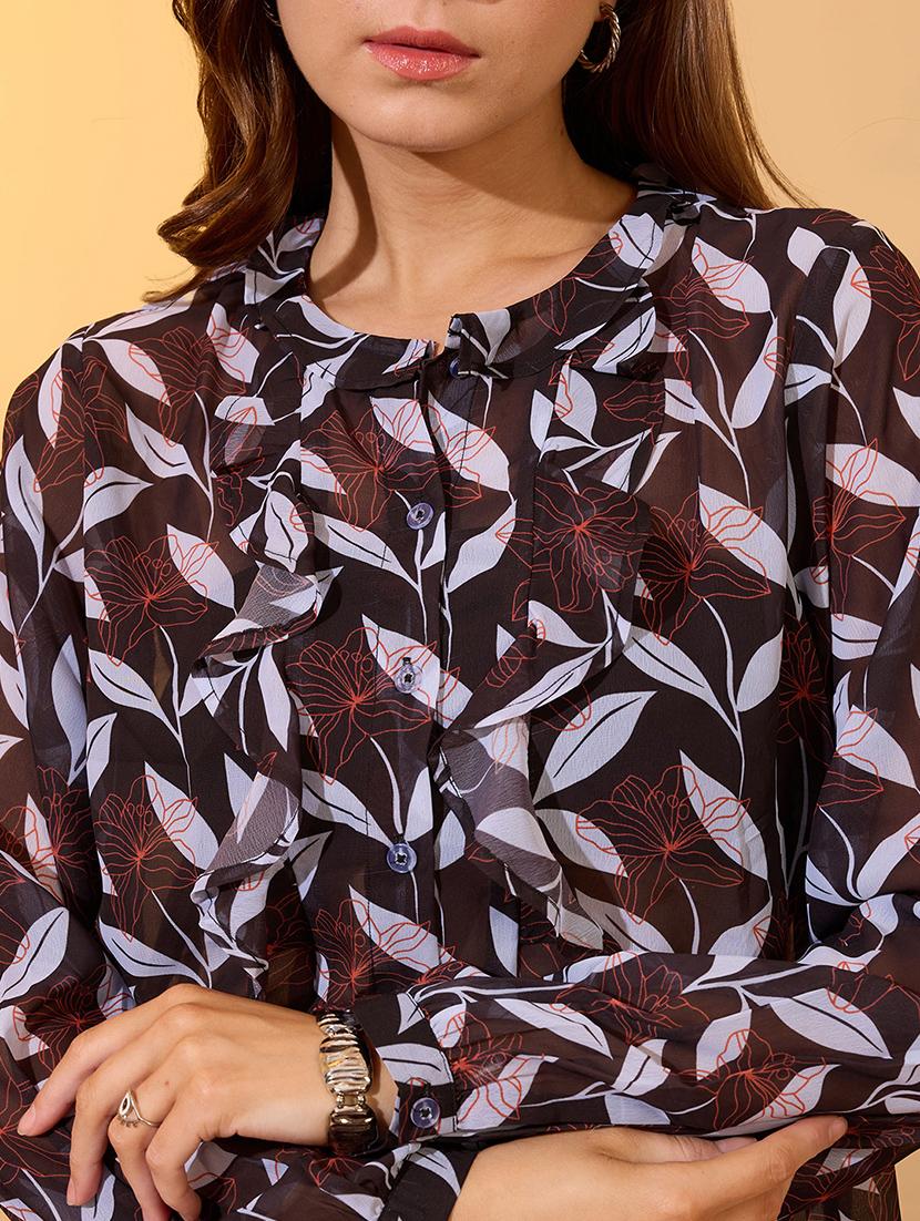 globus women black mandarin collar long sleeves floral print ruffles detail georgette shirt style top - 21997989 - Standard Image - 4