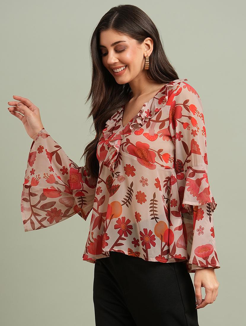 globus women red v-neck bell sleeves floral print ruffle detail georgette peplum top - 21997991 - Standard Image - 1