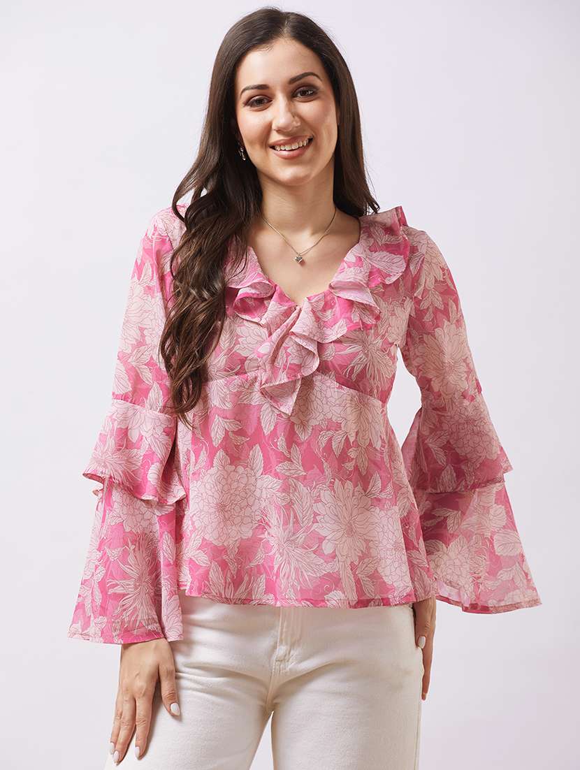 globus women pink v-neck flared sleeves floral print ruffle detail georgette a-line top