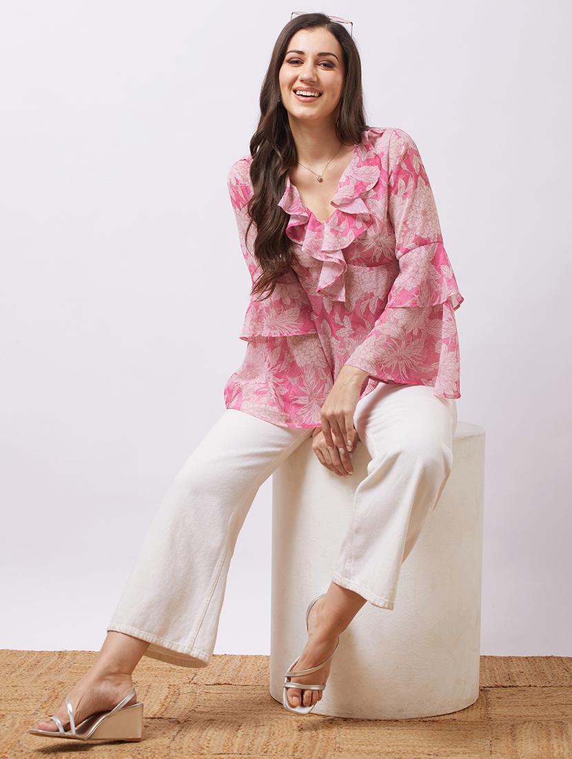 globus women pink v-neck flared sleeves floral print ruffle detail georgette a-line top - 21997992 - Standard Image - 4