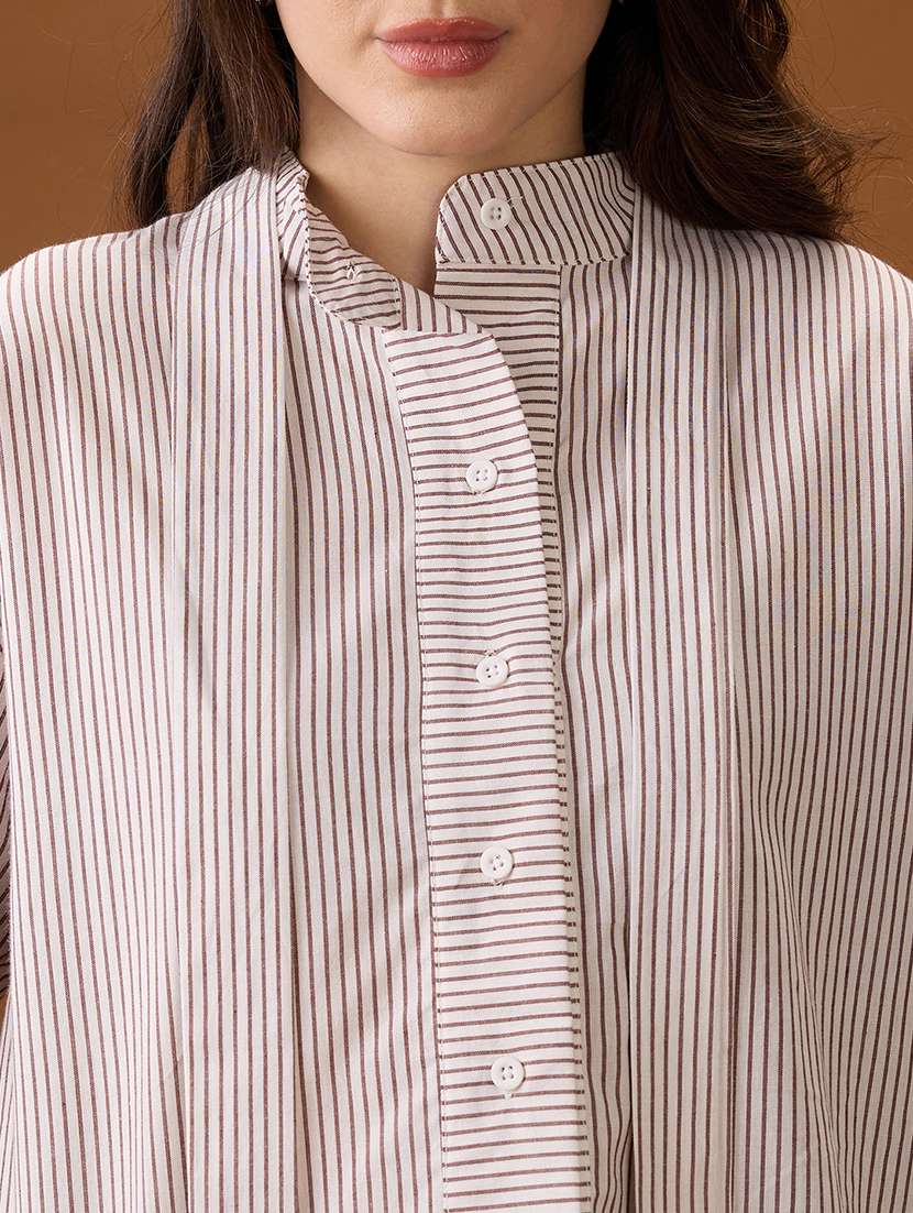 globus women brown mandarin collar cuffed sleeves striped tie detail high-low hem workwear shirt - 21997993 -  Standard Image - 4