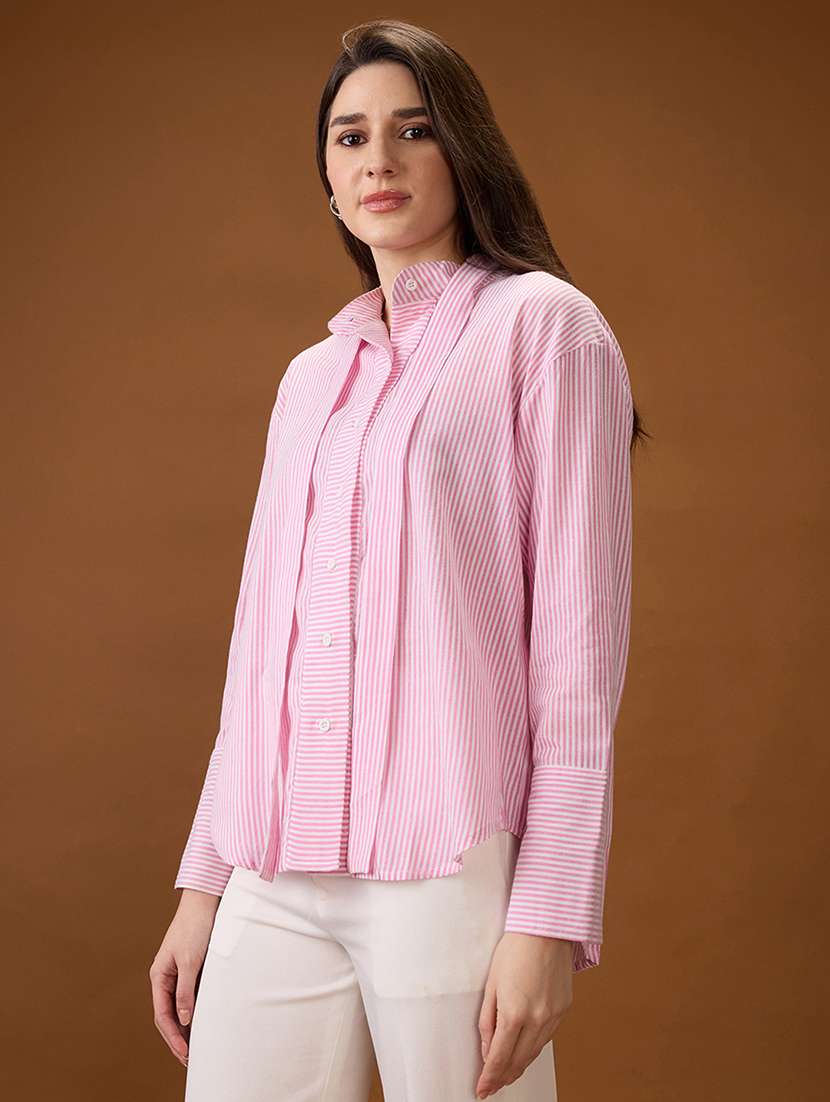 globus women pink mandarin collar cuffed sleeves striped tie detail high-low hem workwear shirt - 21997994 -  Standard Image - 1