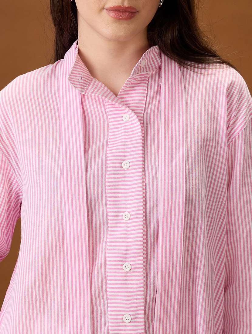 globus women pink mandarin collar cuffed sleeves striped tie detail high-low hem workwear shirt - 21997994 -  Standard Image - 4