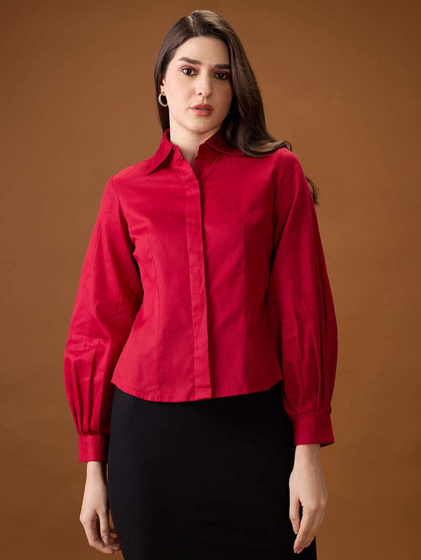 globus women maroon collared neck pleated cuffed sleeves solid curved hem workwear shirt