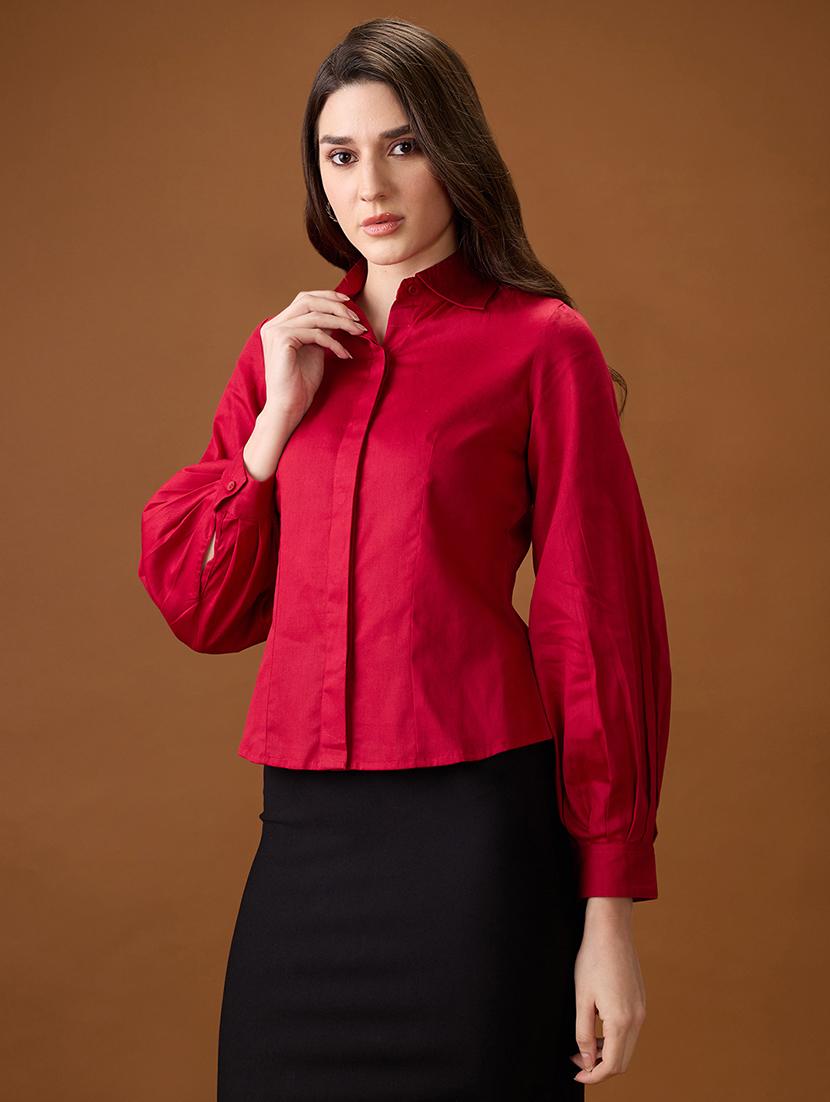 globus women maroon collared neck pleated cuffed sleeves solid curved hem workwear shirt - 21997995 -  Standard Image - 1