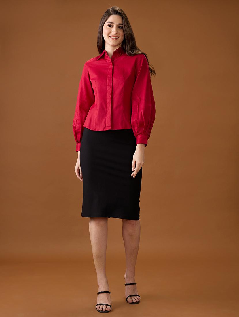 globus women maroon collared neck pleated cuffed sleeves solid curved hem workwear shirt - 21997995 - Standard Image - 4
