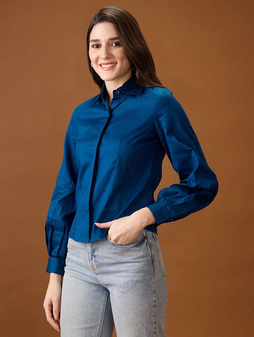 globus women navy blue collared neck pleated cuffed sleeves solid curved hem workwear shirt - 21997996 -  Standard Image - 1