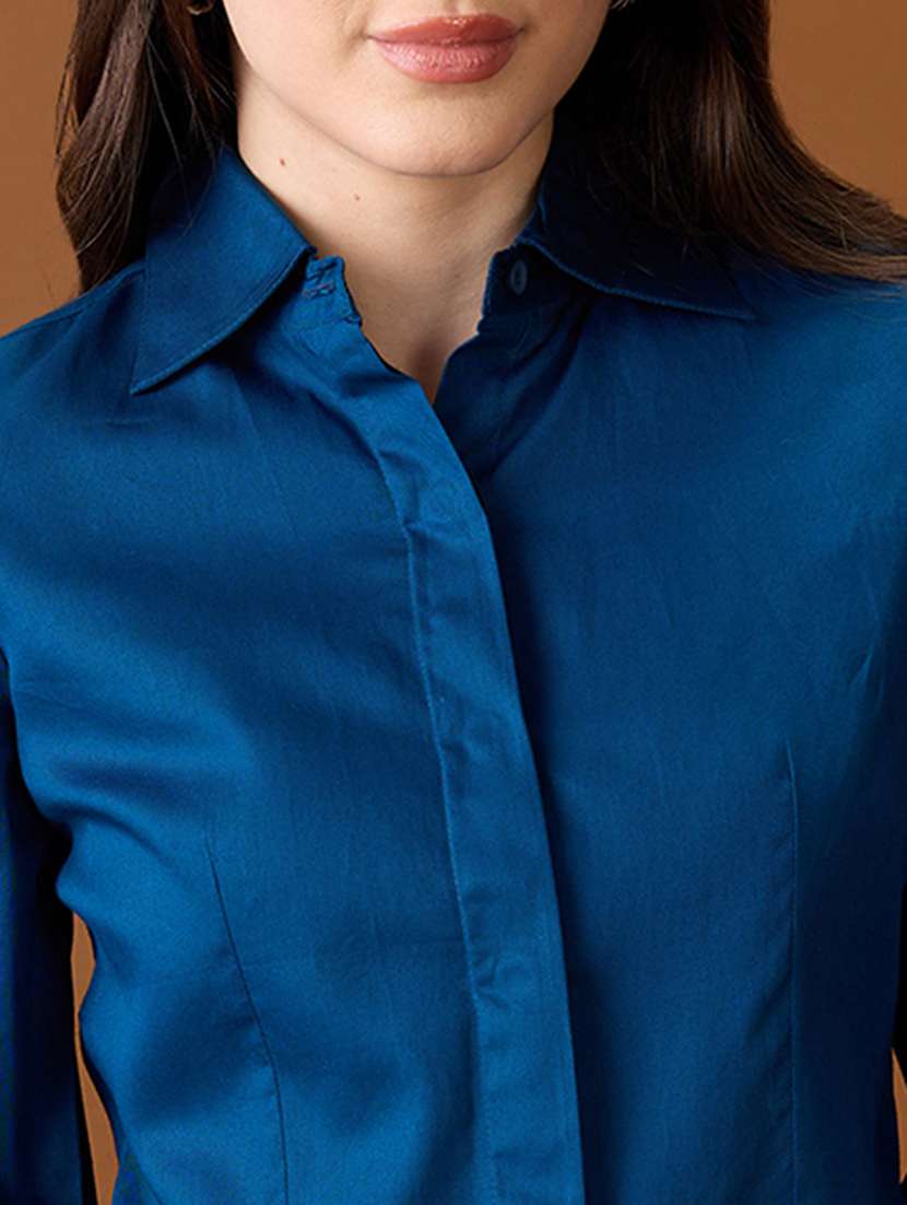 globus women navy blue collared neck pleated cuffed sleeves solid curved hem workwear shirt - 21997996 -  Standard Image - 4