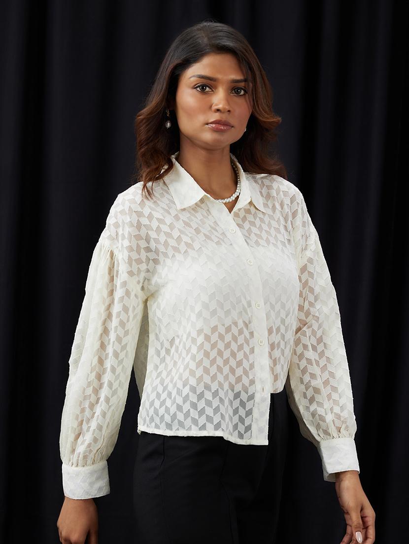 globus women cream collared neck cuffed sleeves self design georgette shirt - 21997997 - Standard Image - 1