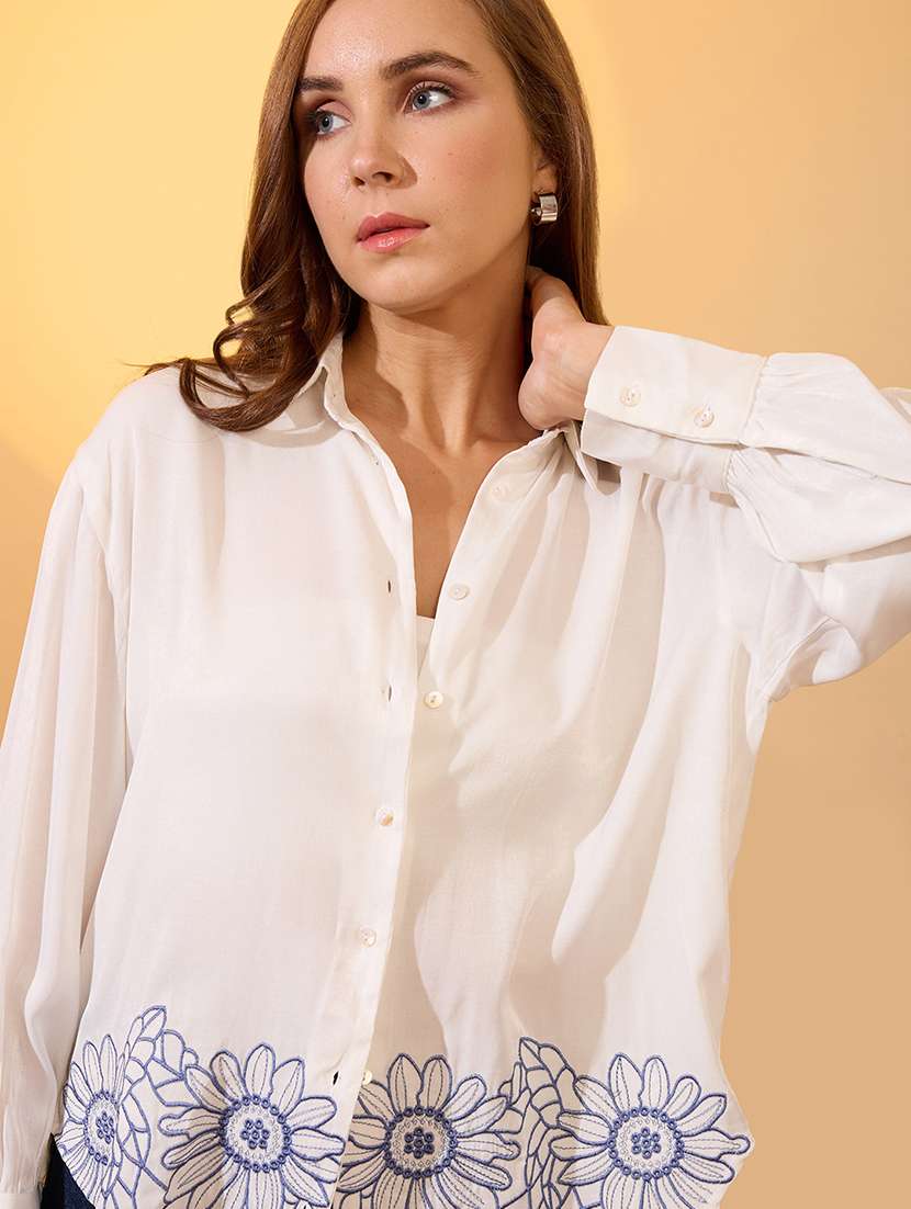 globus women white floral embroidered collared neck cuffed sleeves resort shirt - 21997998 -  Zoom Image - 0