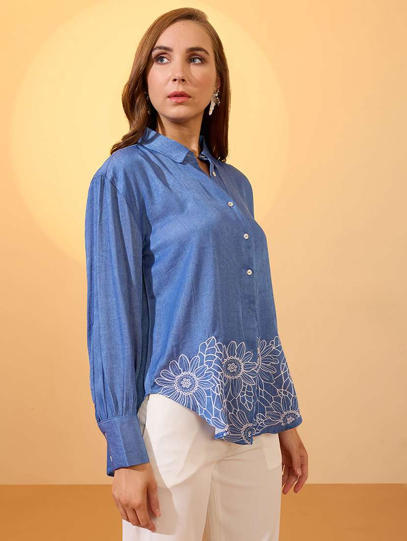 globus women navy blue floral embroidered collared neck cuffed sleeves resort shirt - 21997999 -  Standard Image - 1