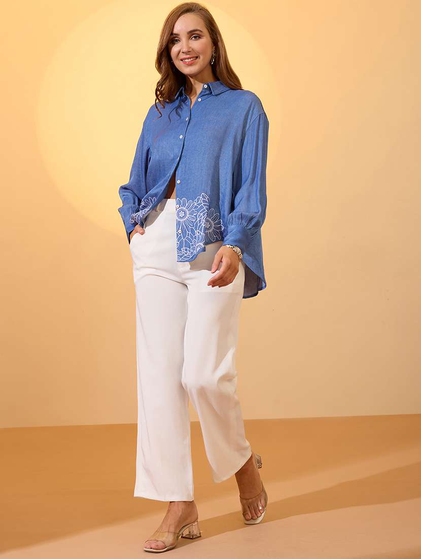 globus women navy blue floral embroidered collared neck cuffed sleeves resort shirt - 21997999 - Standard Image - 4