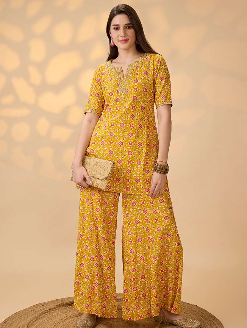 globus women mustard embroidered & mirror work yoke ethnic print kurti with palazzos festive co-ord set - 21998000 -  Standard Image - 1