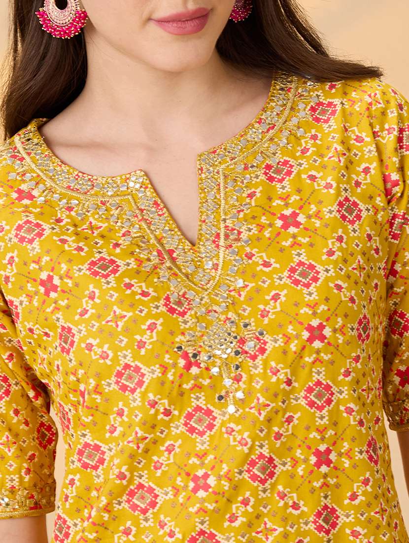 globus women mustard embroidered & mirror work yoke ethnic print kurti with palazzos festive co-ord set - 21998000 -  Standard Image - 4