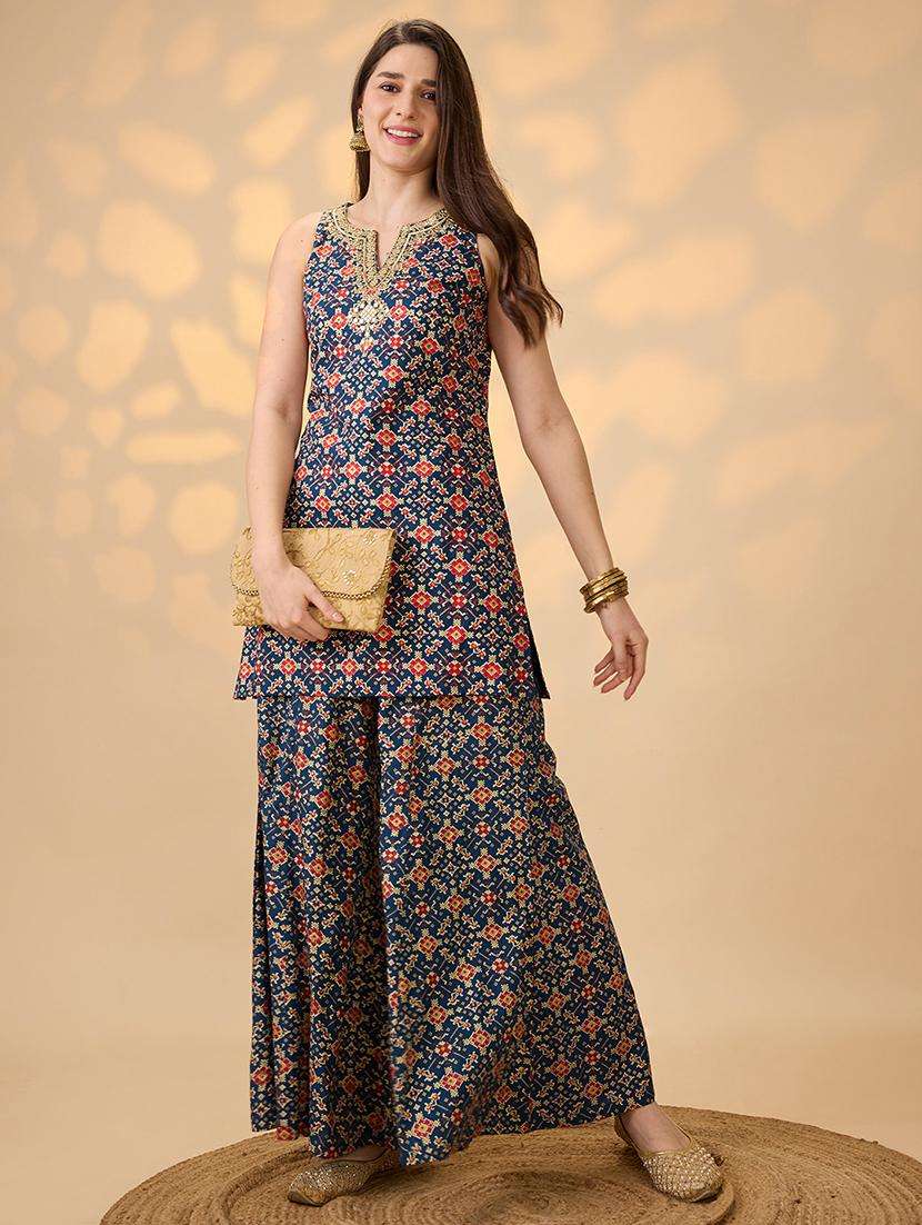 globus women navy blue embroidered & mirror work yoke ethnic print kurti with palazzos festive co-ord set