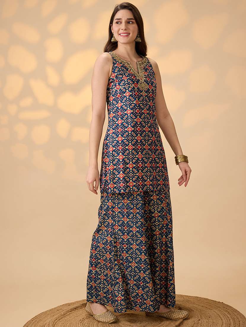 globus women navy blue embroidered & mirror work yoke ethnic print kurti with palazzos festive co-ord set - 21998001 -  Standard Image - 1