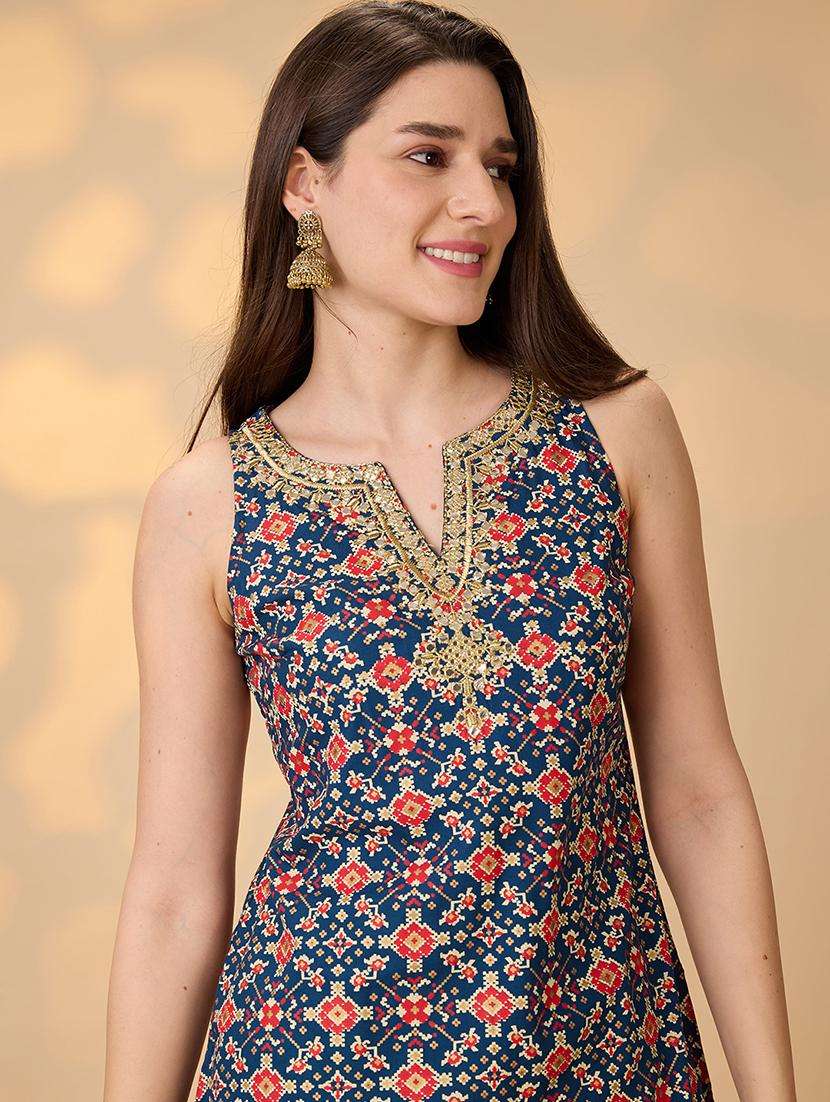 globus women navy blue embroidered & mirror work yoke ethnic print kurti with palazzos festive co-ord set - 21998001 -  Standard Image - 1