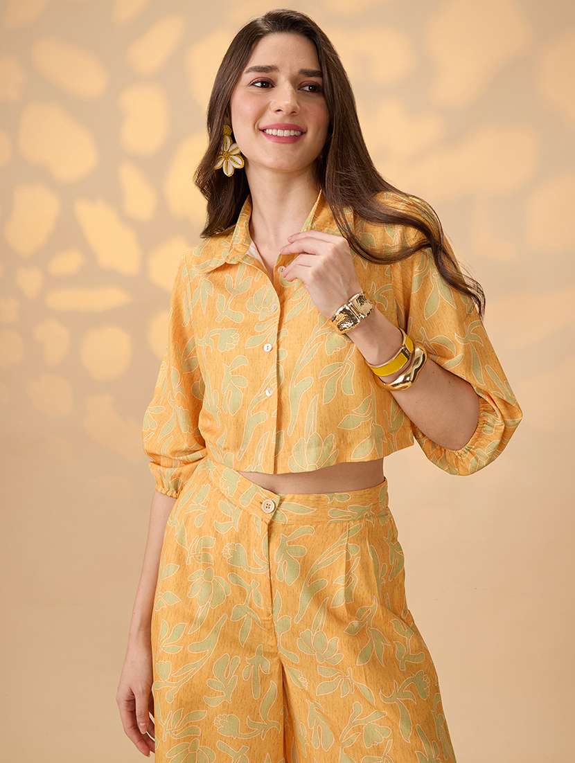 globus women yellow collared neck bishop sleeves floral print crop shirt with palazzos fusion co-ord set - 21998003 -  Standard Image - 1