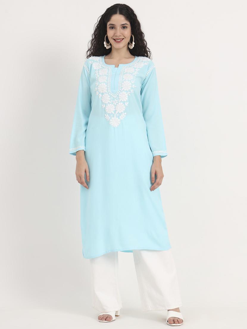 women solid with work long sleeve straight chikankari kurta - 21998103 - Standard Image - 1