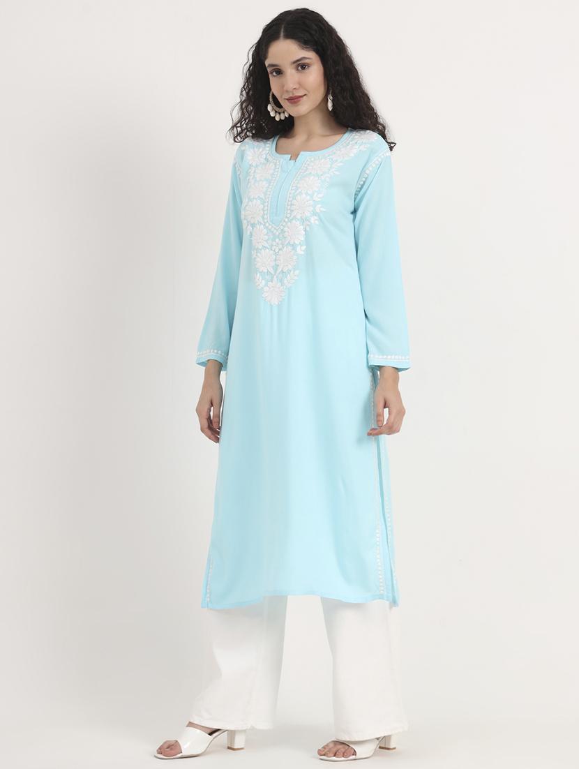 women solid with work long sleeve straight chikankari kurta - 21998103 - Standard Image - 4