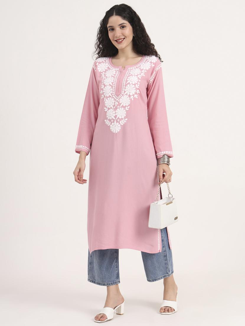 women solid with work long sleeve straight chikankari kurta - 21998104 - Zoom Image - 0