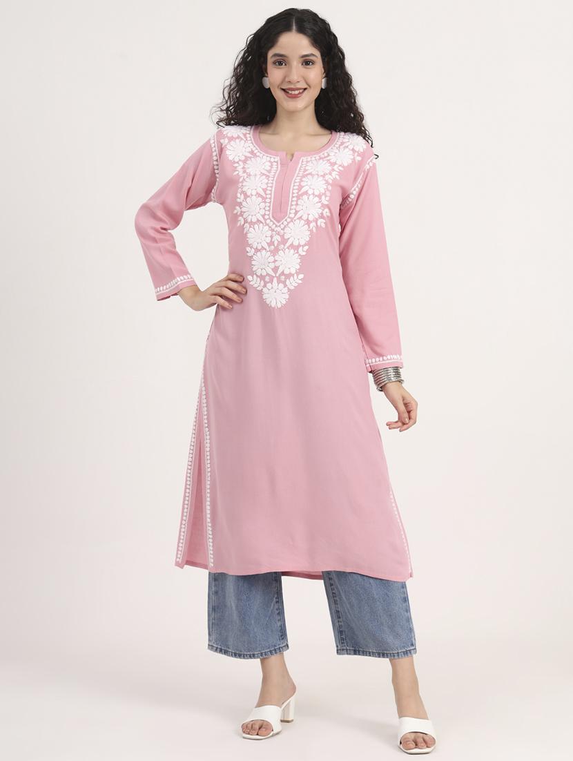 women solid with work long sleeve straight chikankari kurta - 21998104 - Standard Image - 1