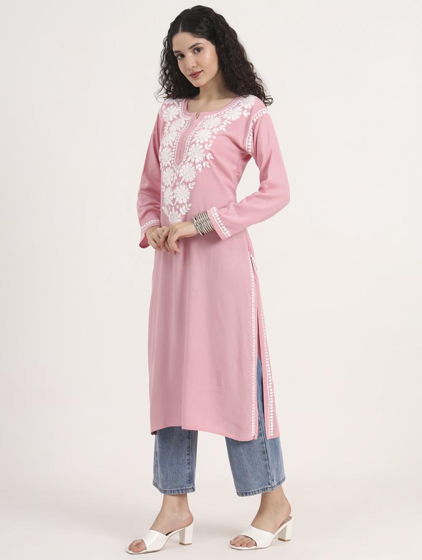 women solid with work long sleeve straight chikankari kurta - 21998104 - Standard Image - 4
