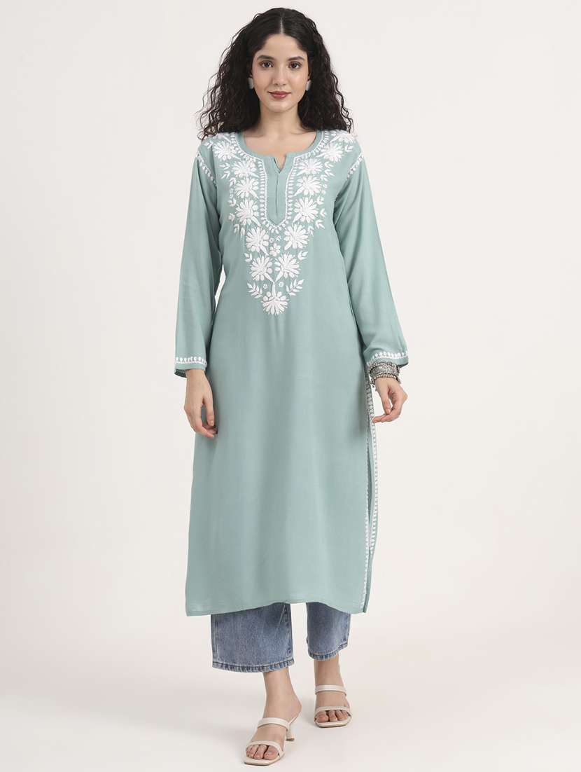 women solid with work long sleeve straight chikankari kurta - 21998106 - Standard Image - 1