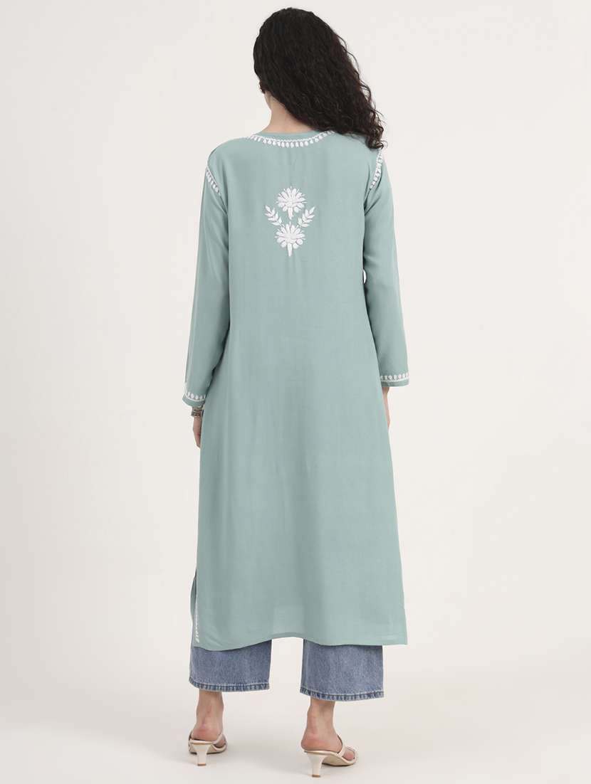 women solid with work long sleeve straight chikankari kurta - 21998106 - Standard Image - 4