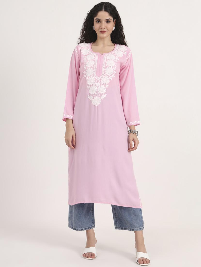 women solid with work long sleeve straight chikankari kurta - 21998107 - Standard Image - 1