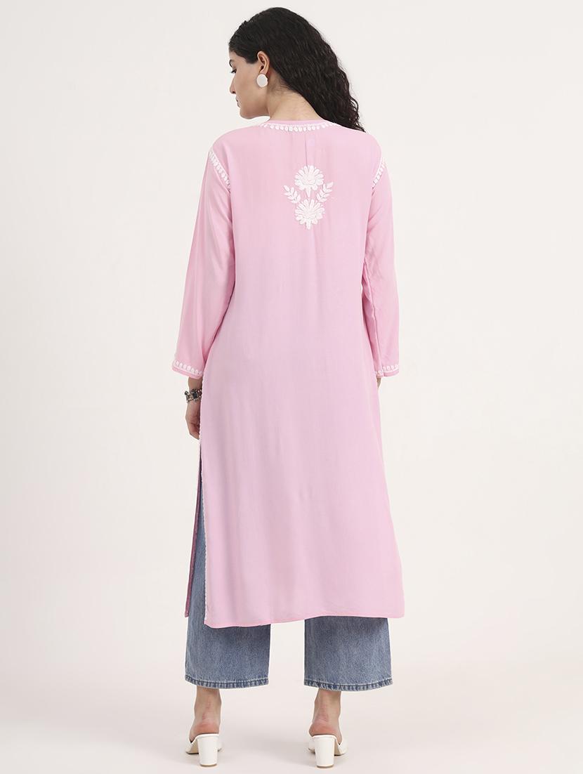 women solid with work long sleeve straight chikankari kurta - 21998107 - Standard Image - 4