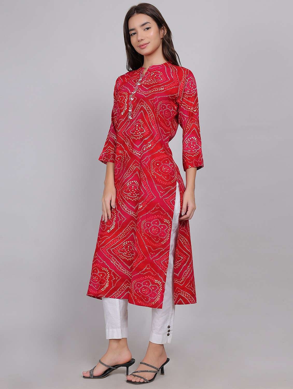 women bandhani printed three quarter sleeve straight kurta - 21998109 -  Standard Image - 1