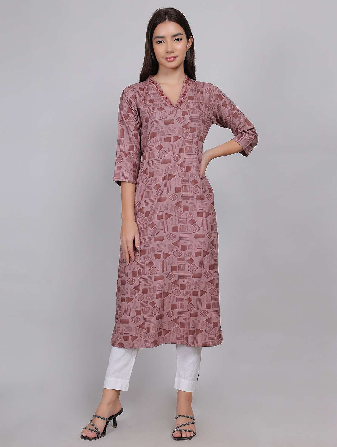 women printed three quarter sleeve straight kurta - 21998110 - Standard Image - 1